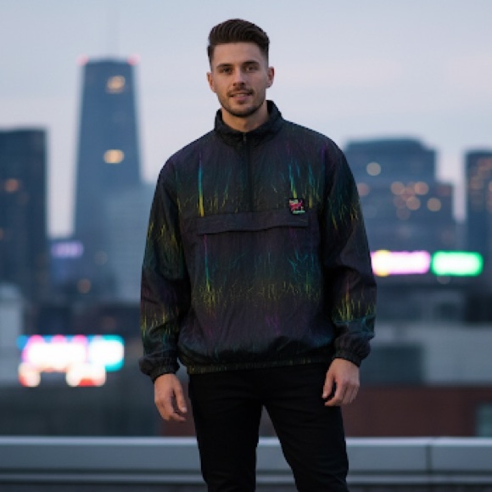 Surf Style One Size Vintage Black Rainbow Crinkle Oversized Windbreaker